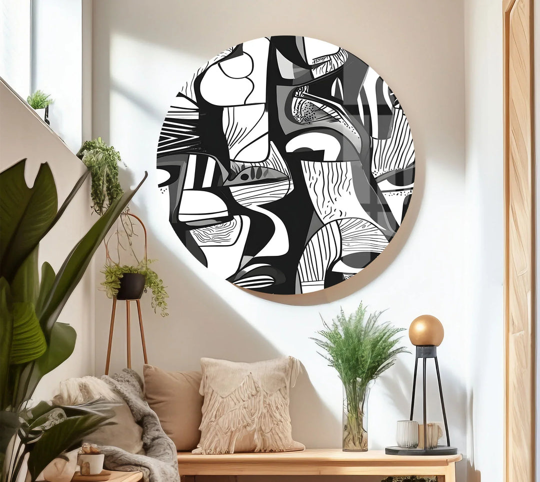 Grayscale abstract illustration on tempered glass showcasing dense patterns and stylized human forms.