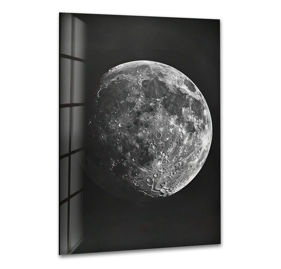 Black and white glass wall art featuring a detailed close-up of the moon with visible craters and texture.