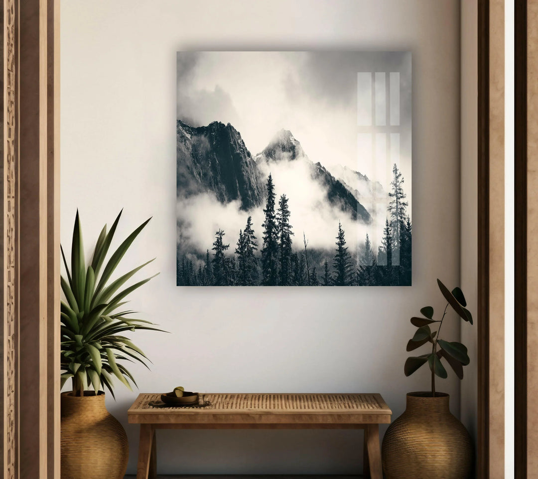 Moody monochrome wilderness scene with misty mountain peaks on tempered glass décor.