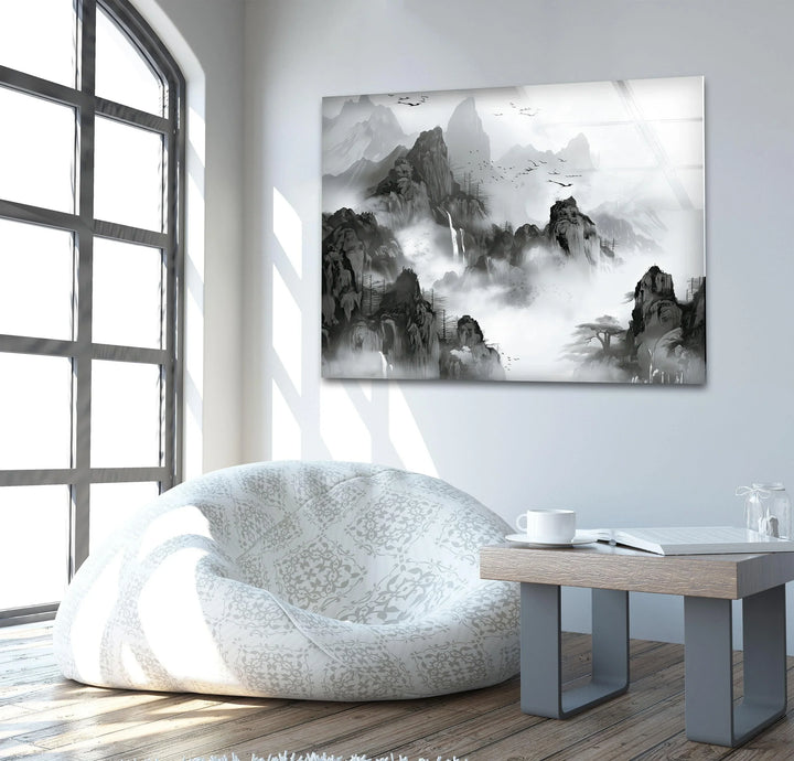 Monochrome landscape artwork showcasing fog-covered peaks, flowing waterfalls, and serene nature.