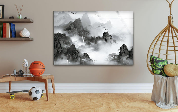 Grayscale glass art presenting mist-wrapped mountains and gentle cascading water.