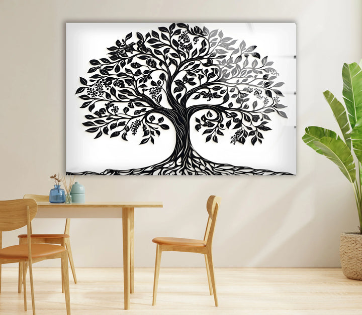 Black and white stylized nature artwork on glass capturing a decorative tree with intricate detailing.