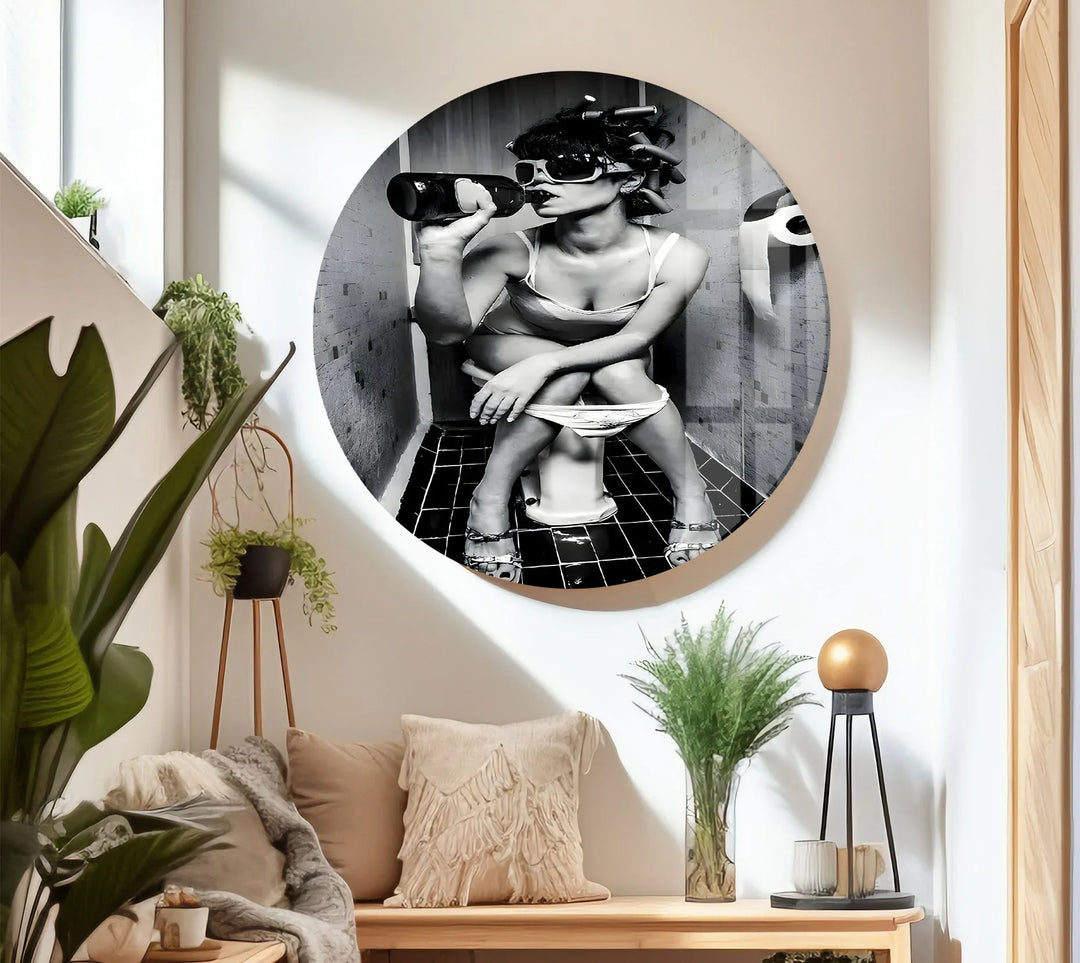 Retro-themed black and white wall art depicting a woman with a carefree pose in a tiled restroom.