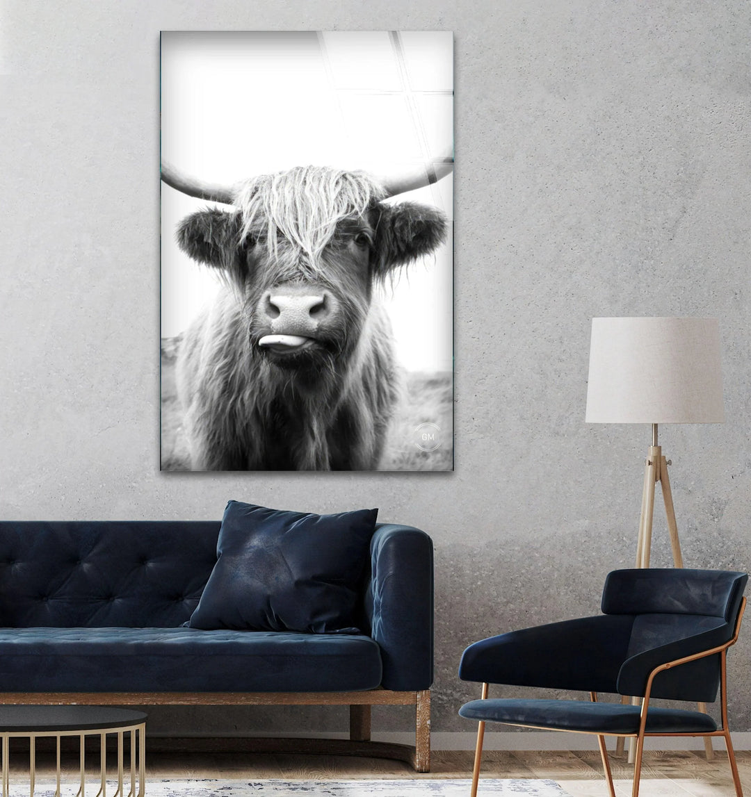Monochrome glass wall art capturing a Highland cow’s textured fur and strong horn structure.