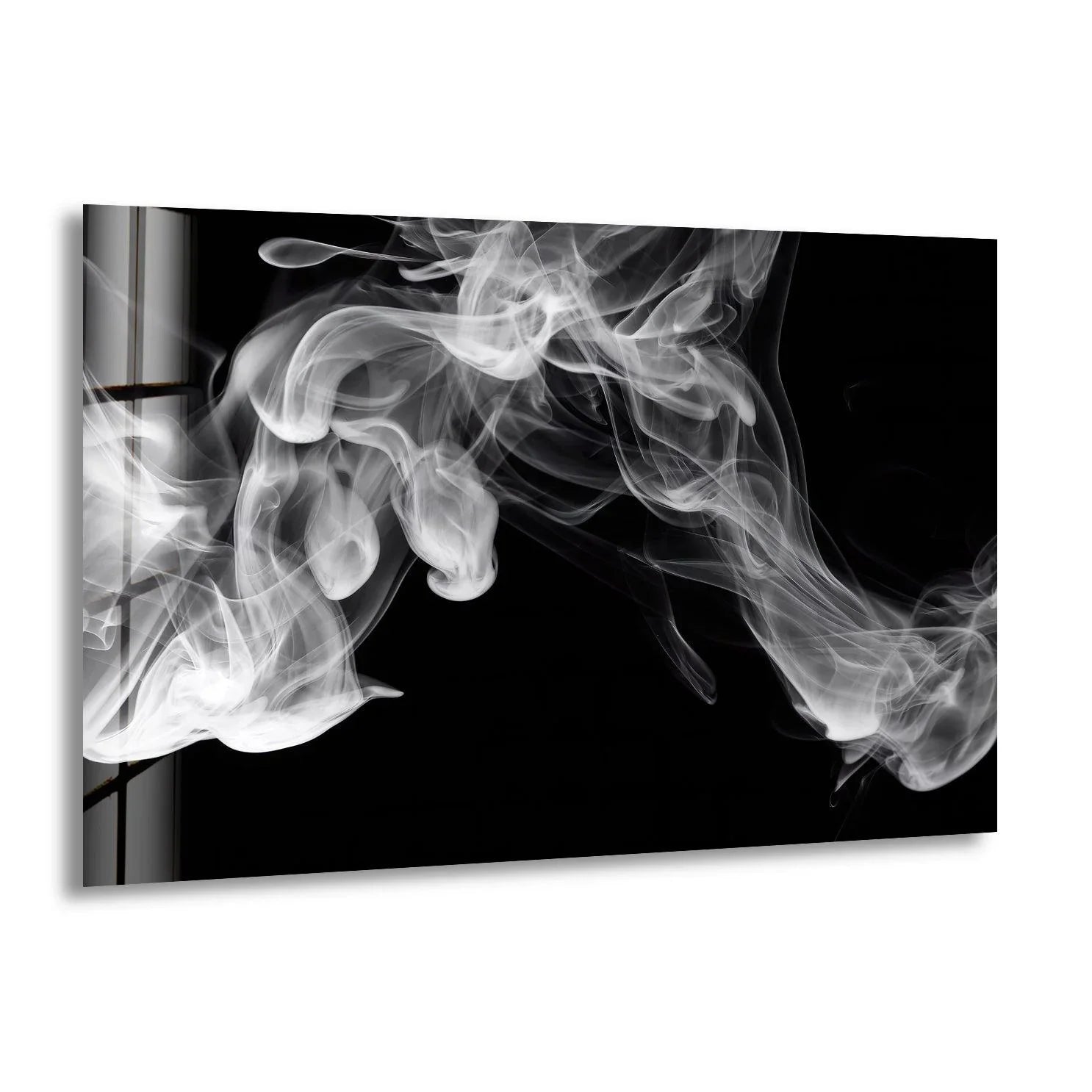Black and white glass wall art featuring flowing white smoke swirling across a deep black background.