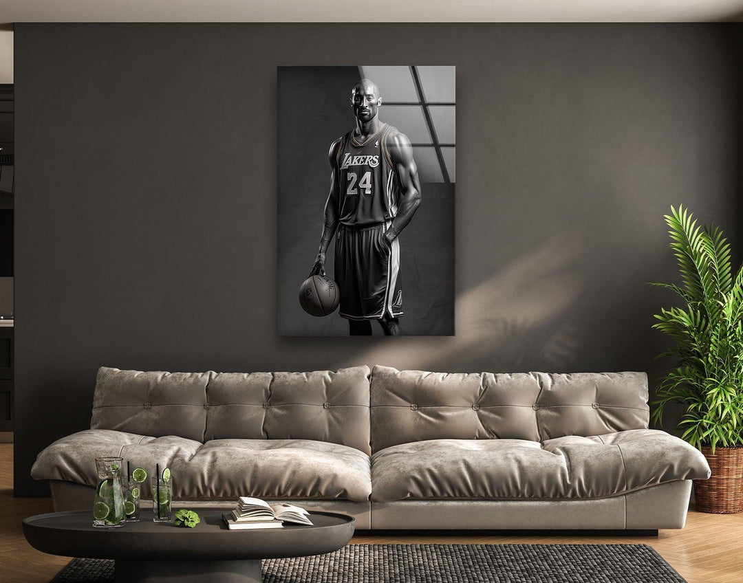 Monochrome sports artwork showing a strong athlete in a Lakers uniform with a focused stance.