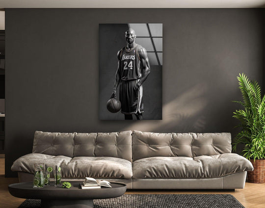Kobe Bryant portrait is a sports glass wall art and iconic Lakers decor for NBA fans featuring an 8K UV print and durable tempered glass