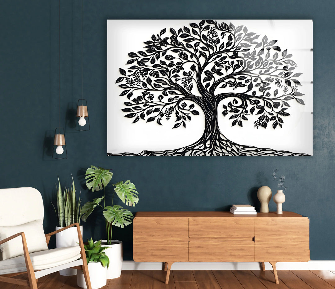 Decorative black and white tree composition on tempered glass with intricate organic patterns.