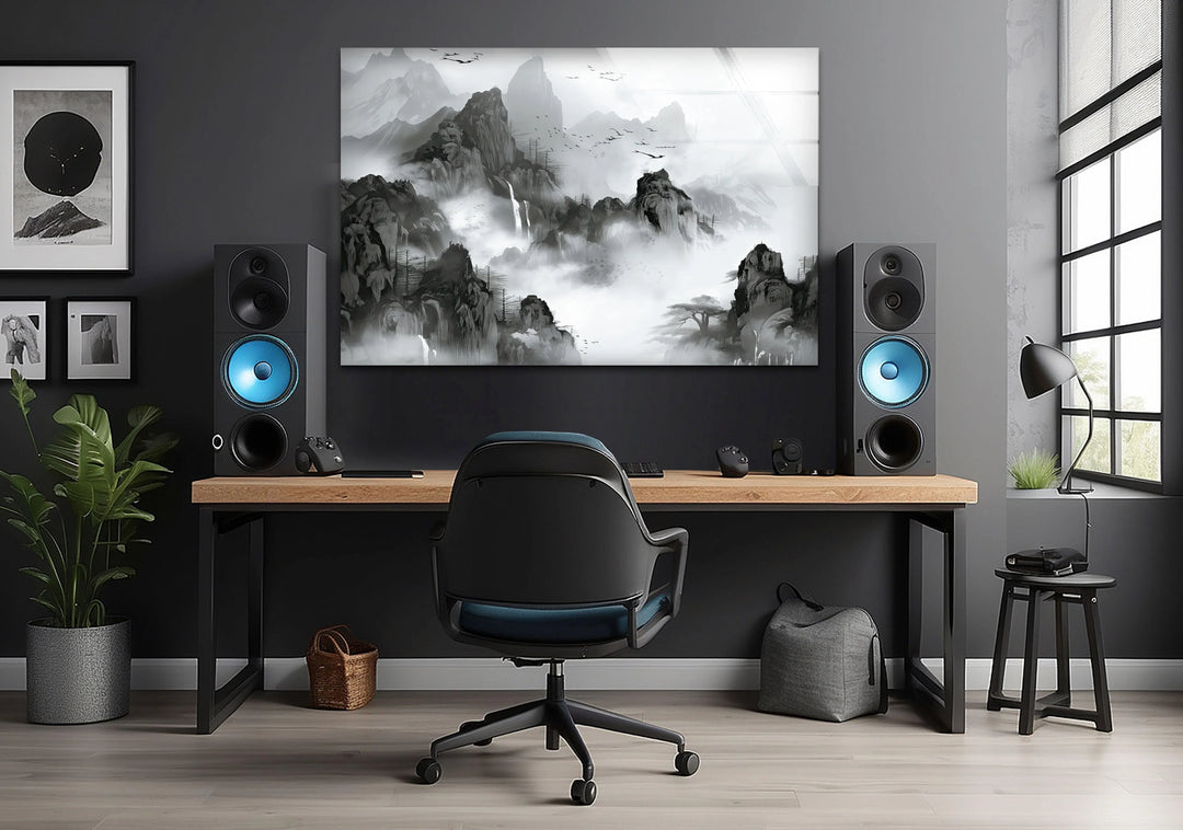 Zen-inspired grayscale scenery showing tranquil mountains veiled in mist and flowing water.