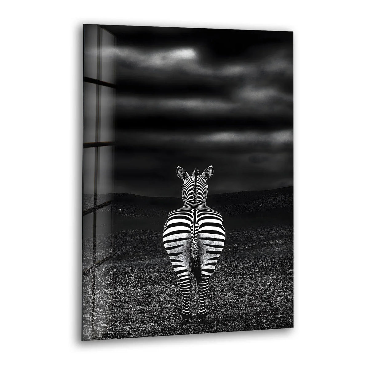 Vertical orientation of a zebra's rear end on home decor glass wall art.