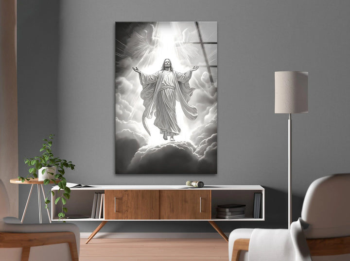 Black and white Christian glass art showing Jesus elevated in glowing heavenly light.