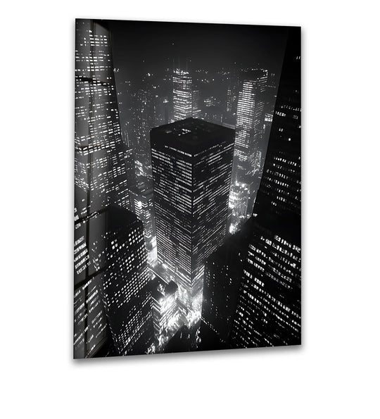 Black and white tones dominate this stunning cityscape art from glass, portraying city lights and high-rise buildings in a modern architectural scene.