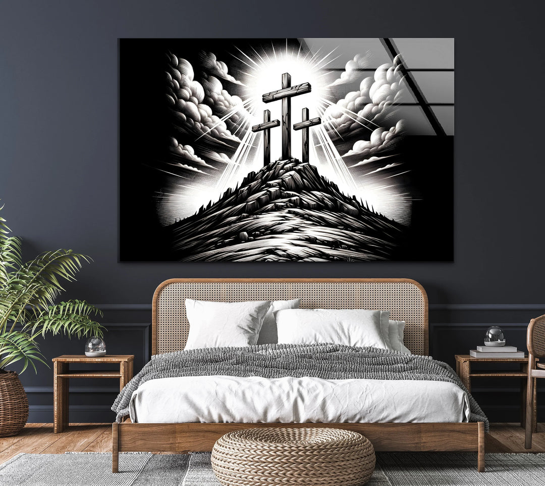 Radiant hilltop scene with three crosses in bold black and white glass wall art style.