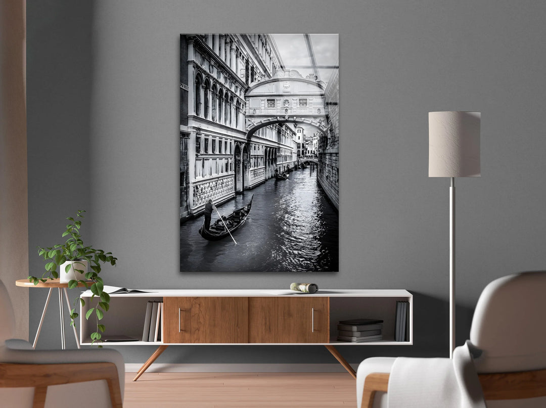 Black and white glass art capturing the elegance of Venice canal life and historic facades.