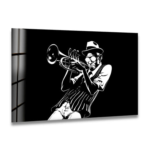 Capturing a mood of vibrant energy, this black and white jazz art print features a trumpeter in motion.