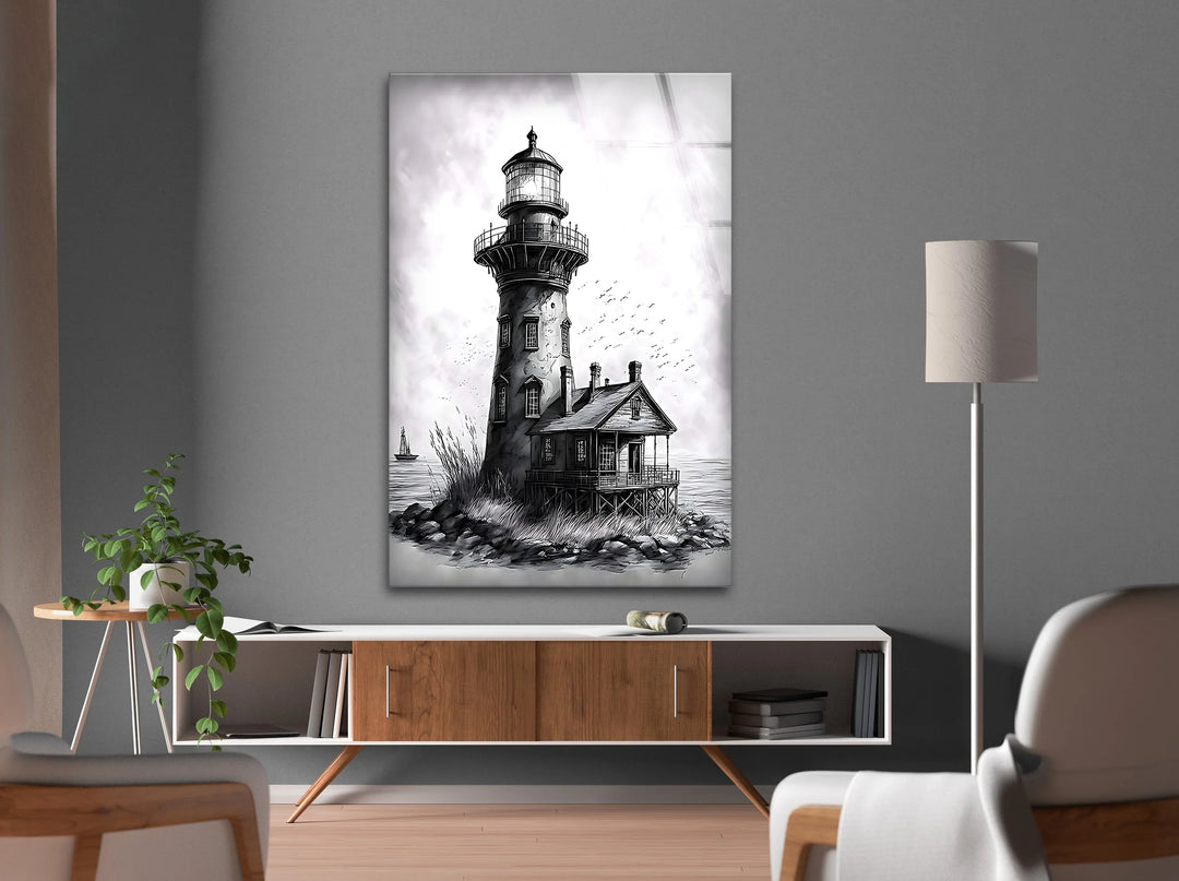 Detailed black and white lighthouse illustration printed on glass with ocean backdrop.
