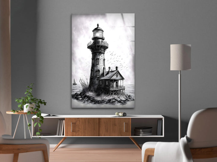 Detailed black and white lighthouse illustration printed on glass with ocean backdrop.