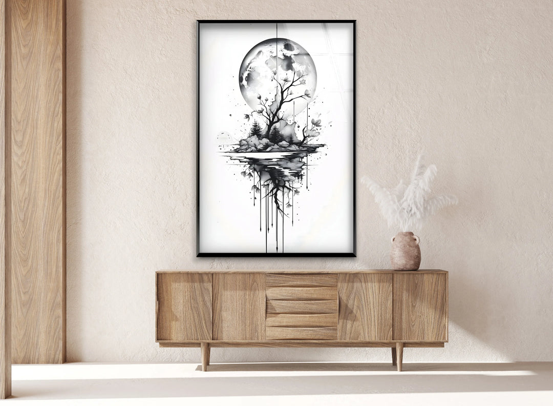 Monochrome floating island artwork with a full moon and expressive ink drips on glass.