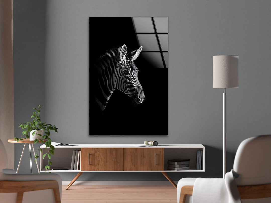 Black and white zebra artwork showing detailed stripes illuminated in soft side light.