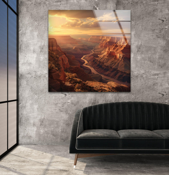 High-quality glass print of the Grand Canyon with rich sunset hues.
