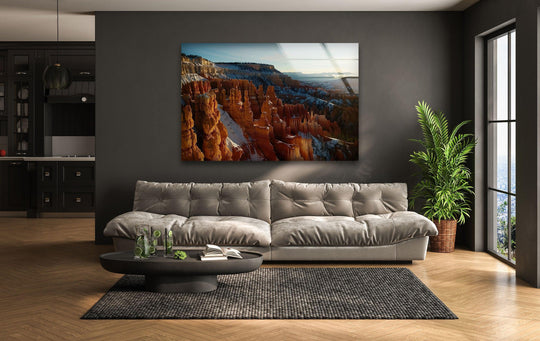 Abstract quality highlighted in the Bryce Canyon glass wall art decor creates a captivating visual texture, showcasing the stunning landscape's artistic essence.