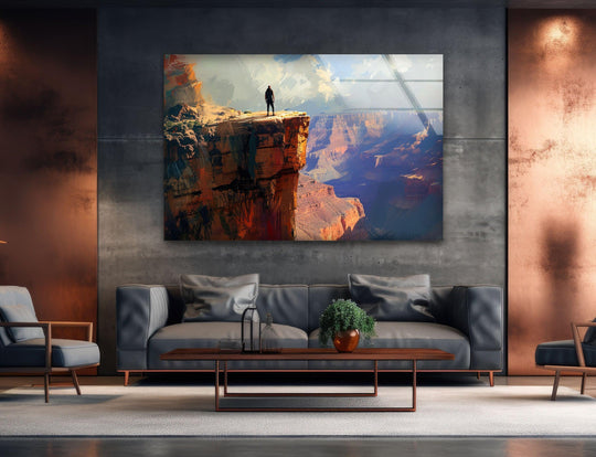 Vibrant color saturation enhances the depth and drama of this Grand Canyon adventure glass wall artwork, bringing a sense of awe and inspiring wanderlust.