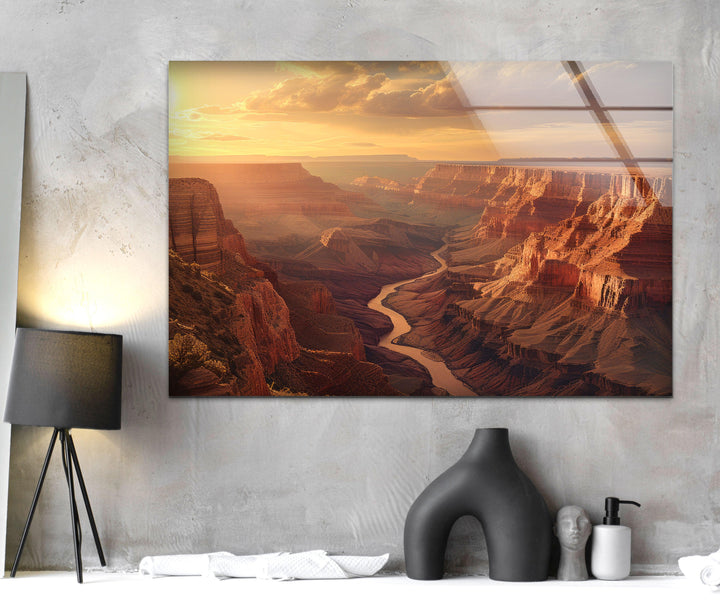 Glass wall art depicting the winding Colorado River through the Grand Canyon.
