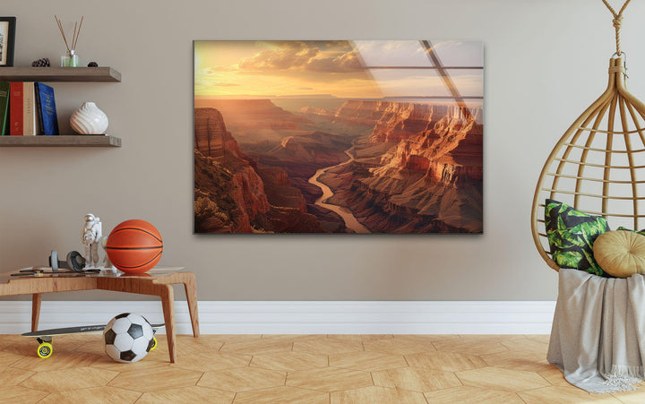 Glass wall art featuring a stunning sunset over the Grand Canyon.
