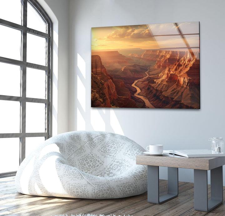 Large glass wall decor showcasing the deep valleys and cliffs of the canyon.
