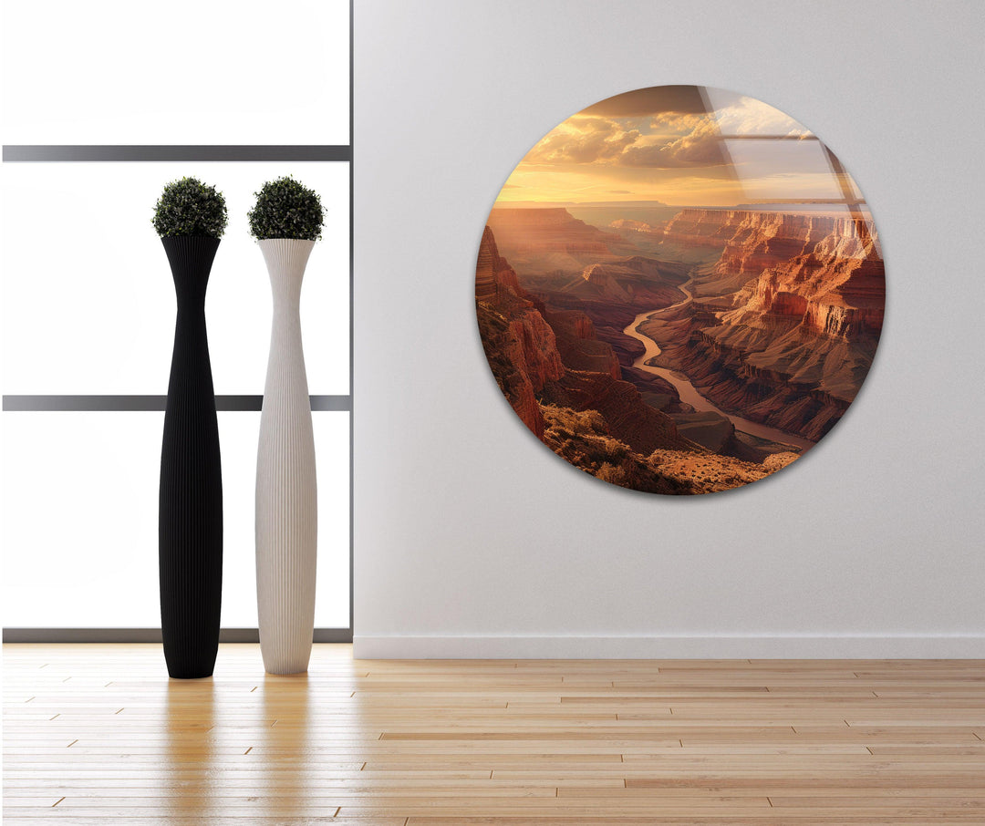 Grand Canyon sunset artwork with warm earthy tones and dramatic lighting.
