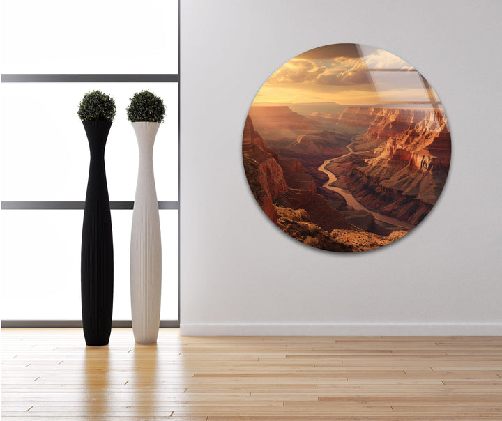 Grand Canyon sunset artwork with warm earthy tones and dramatic lighting.
