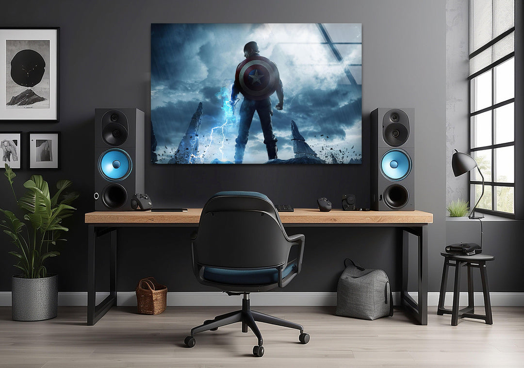 Captain America Marvel Glass Wall Art print picture on glass, Tempered Glass Wall Art
