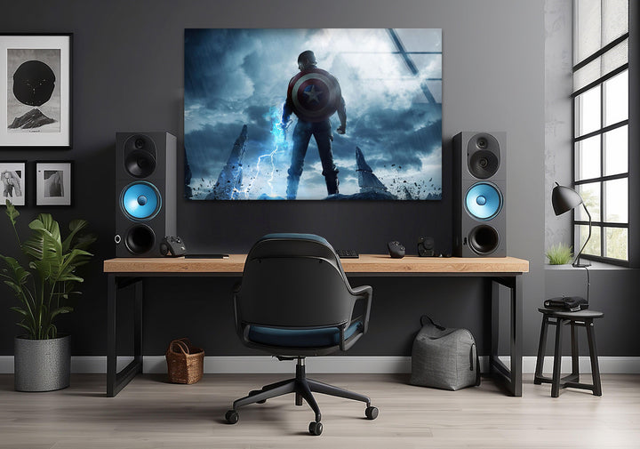 Captain America Marvel Glass Wall Art print picture on glass, Tempered Glass Wall Art
