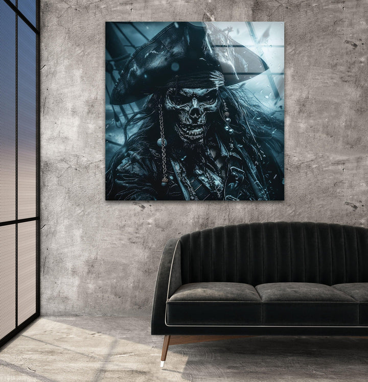 Skeleton Captain Jack Sparrow Glass Wall Art,  photo print on glass, prints on glass wall art