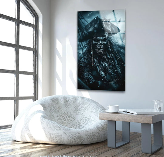 Foreground elements frame the captivating Skeleton Pirate Captain Storm Sea Dark Glass Wall Art, a bold addition for home decoration.
