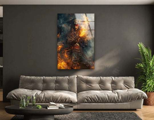Displaying realistic detail, this glass wall art captures a flaming pirate captain in action, showcasing vibrant wall prints with dramatic fire effects and intricate character design.