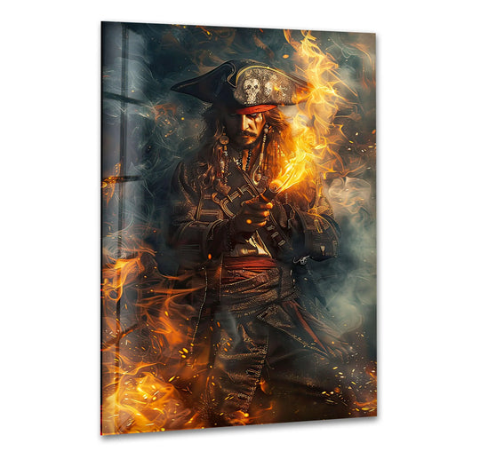 Showcasing dramatic depth and layers, the flaming pirate captain is a stunning glass wall artwork with a fiery, layered composition on sleek glass.