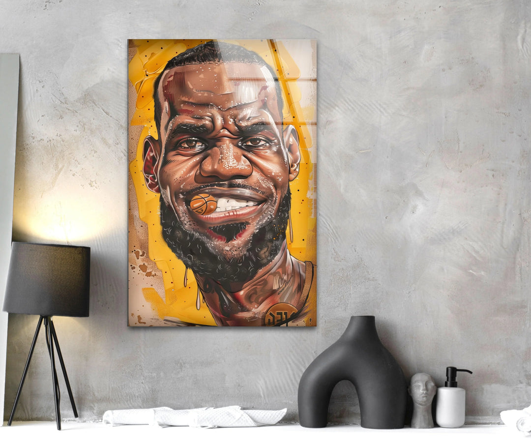 Vibrant cartoon-style basketball artwork on glass featuring an expressive athlete illustration.