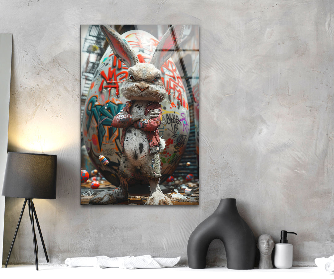 Caricature Of a Punk Rock Rabbit Glass Wall Art print picture on glass, Tempered Glass Wall Art
