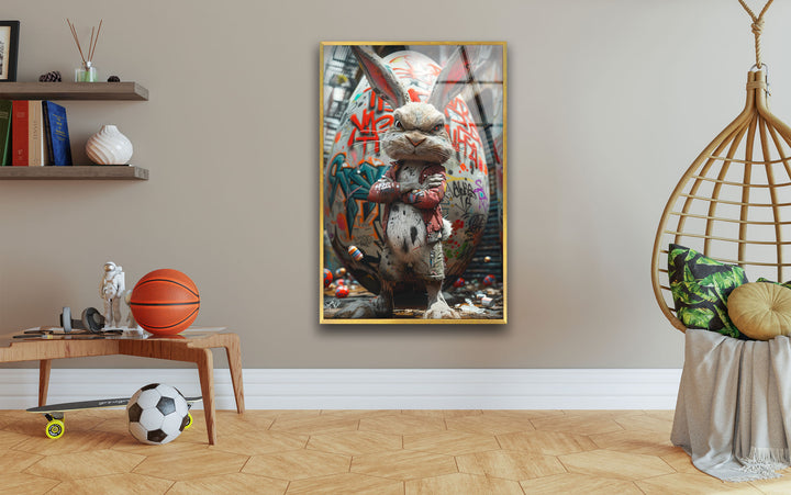 Caricature Of a Punk Rock Rabbit Glass Wall Art glass wall decor, glass wall art decor
