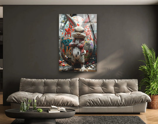 A punk rock rabbit covered in graffiti stands as unique modern wall decor against a giant egg.