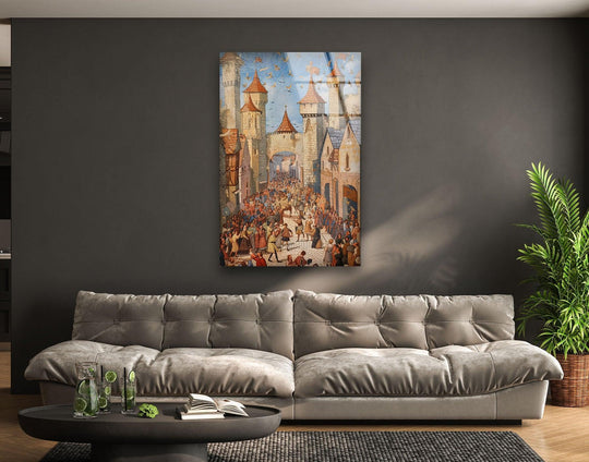 Carnival street scene glass wall art with repeating geometric building shapes and tower structures for best glass art.