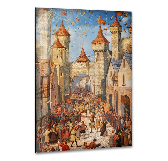 Detailed oil painting of a crowded medieval street scene beneath castle towers and flying birds on glass wall artwork.