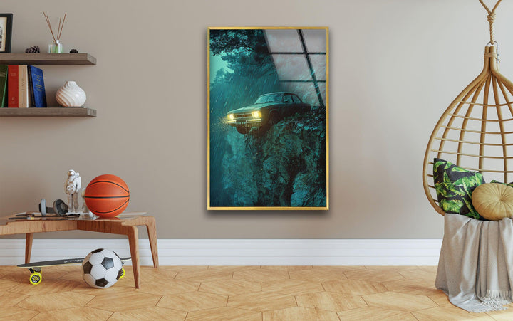 Car On The Cliff Glass Wall Art
