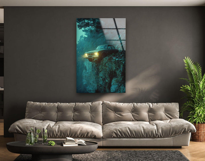 Car On The Cliff Glass Wall Art