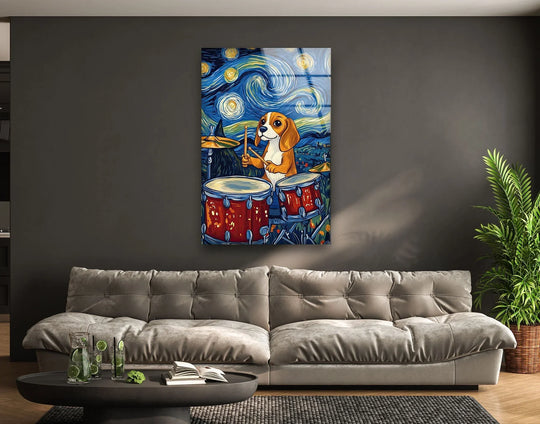 Swirling starry sky and energetic drumsticks in motion capture the playful rhythm of this cartoon beagle hanging wall art.