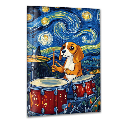 A beagle drummer painted in Van Gogh's style on glass printing with a slim black border.