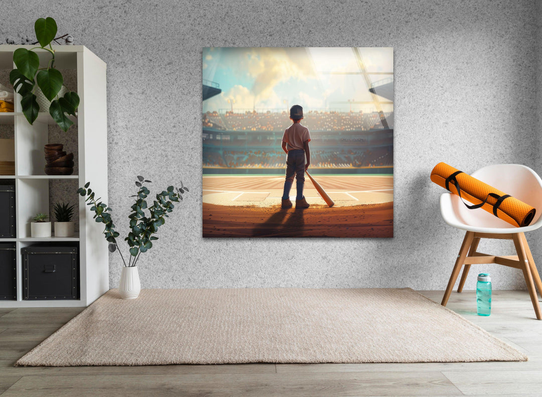 Glaswandkunst mit Baseballspieler als Kind
