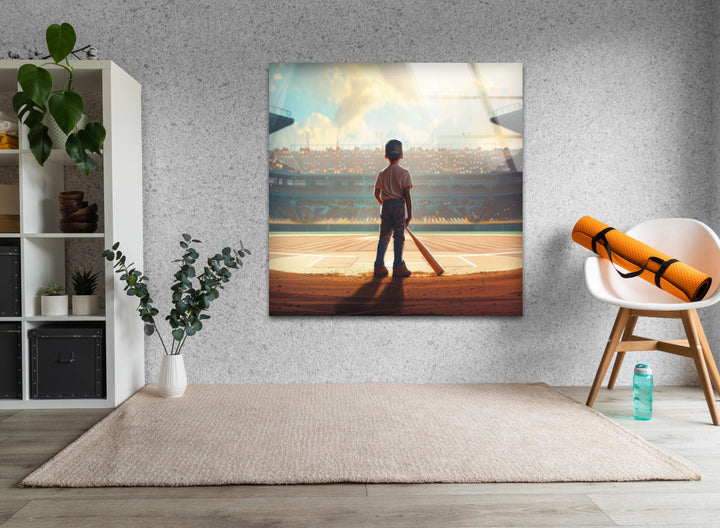 Glaswandkunst mit Baseballspieler als Kind