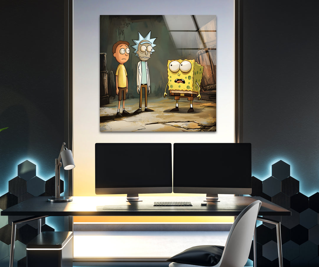 Cartoon Of Rick Morty and Spongebob Glass Wall Art glass wall decor, glass wall art decor
